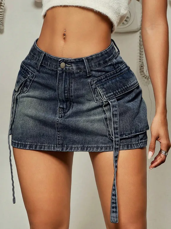Cargo Pocket Long Tether Short Skirt Tooling Denim Skirt Dark Blue - Shop at LoveMi