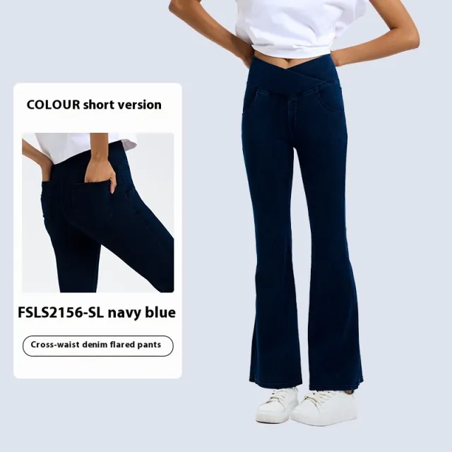 Cross Waist Jeans Women's High Elastic Hip Lifting Sport Bell bottom Pants Dark Blue Pants Short Version - Shop at LoveMi