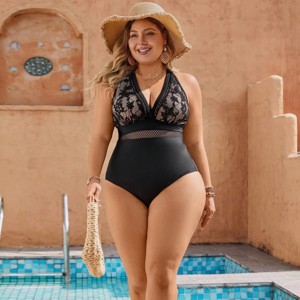 Black Lace Pattern One Piece Swimsuit - Black