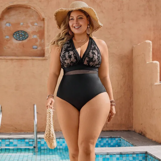 Black Lace Pattern One Piece Swimsuit Black - Shop at LoveMi