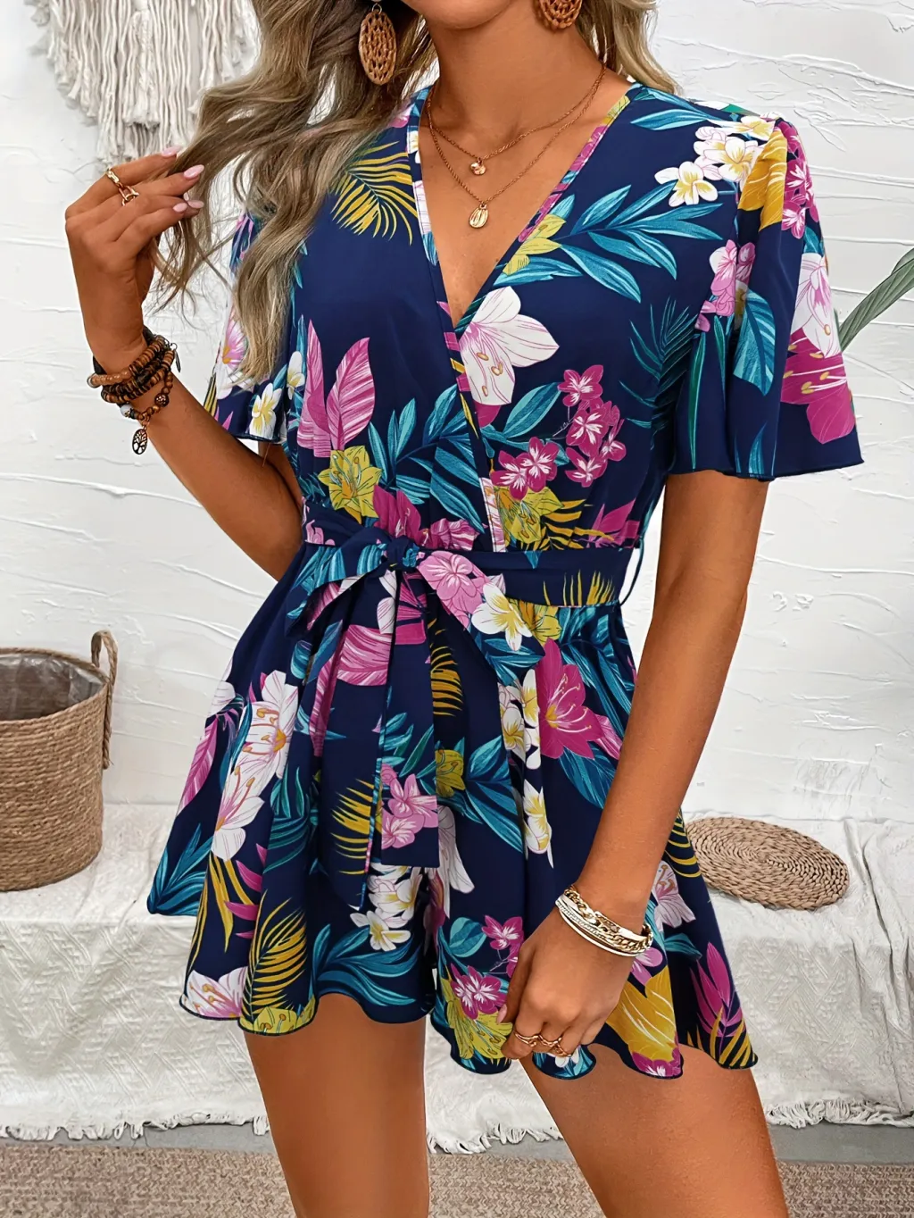 Beach Vacation Ruffle Sleeve Short Culottes Printed Jumpsuit - Navy Blue