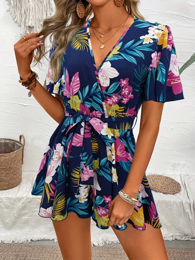 Beach Vacation Ruffle Sleeve Short Culottes Printed Jumpsuit Navy Blue - Shop at LoveMi