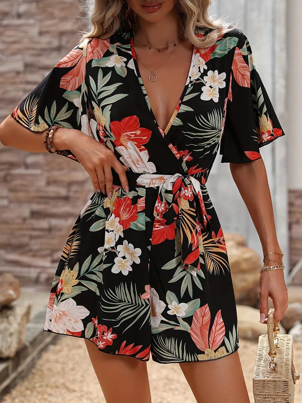 Beach Vacation Ruffle Sleeve Short Culottes Printed Jumpsuit - Black
