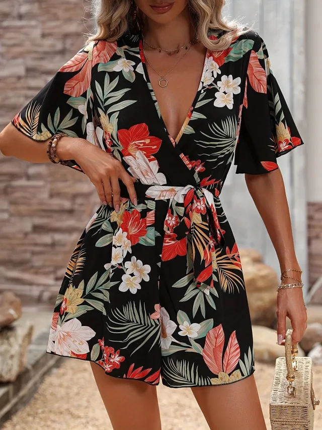 Beach Vacation Ruffle Sleeve Short Culottes Printed Jumpsuit Black - Shop at LoveMi