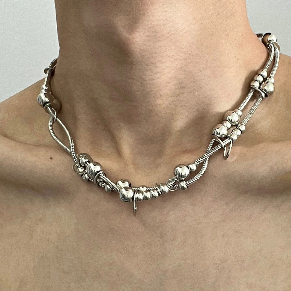 Double Layer Snake Bone Chain Heart-shaped Round Bead Necklace