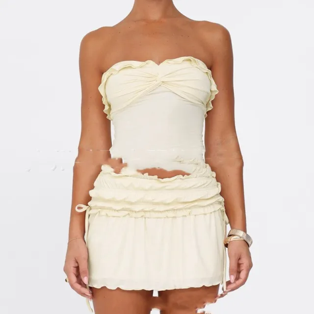 Solid Color Pleating Sheath Lace up Skirt Suit Apricot - Shop at LoveMi