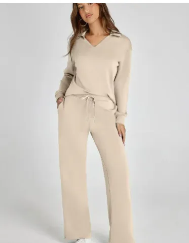 Casual Long Sleeve Drawstring Solid Color Commute Trousers Suit Women Khaki - Shop at LoveMi