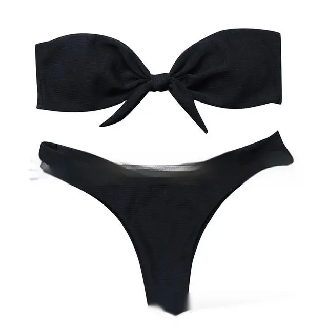 Solid Color Striped Pit Fabric Bow Bikini Women's Swimsuit
