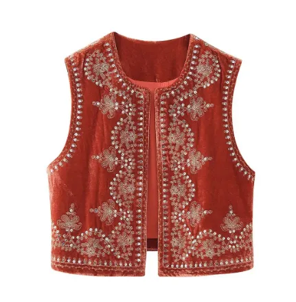 Euro american Style Women's Retro Fashion Casual Embroidered Velvet Vest Red - Shop at LoveMi