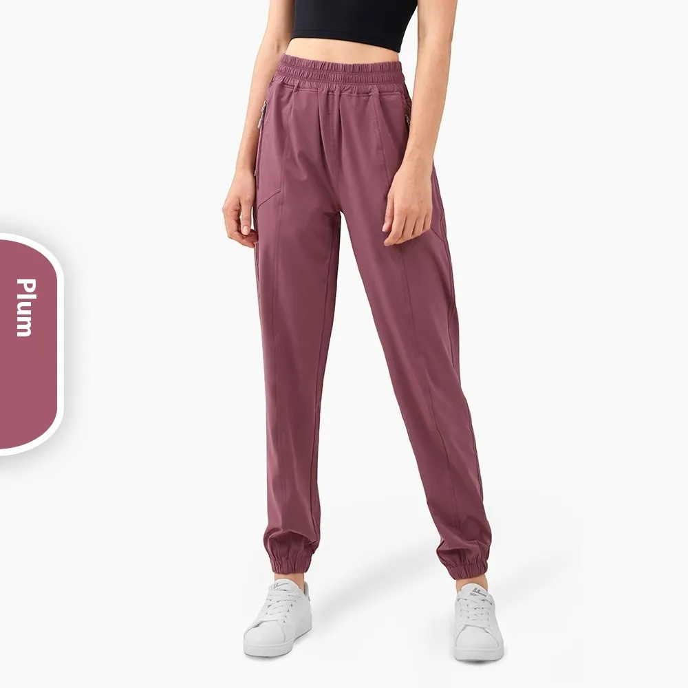 Zipper Pocket High Waist Running Pants Women's Peach Hip Fitness Trousers - Plum Color