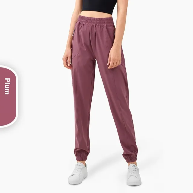Zipper Pocket High Waist Running Pants Women's Peach Hip Fitness Trousers Plum Color - Shop at LoveMi