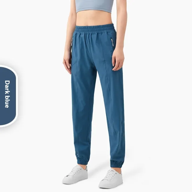 Zipper Pocket High Waist Running Pants Women's Peach Hip Fitness Trousers Dark Blue - Shop at LoveMi