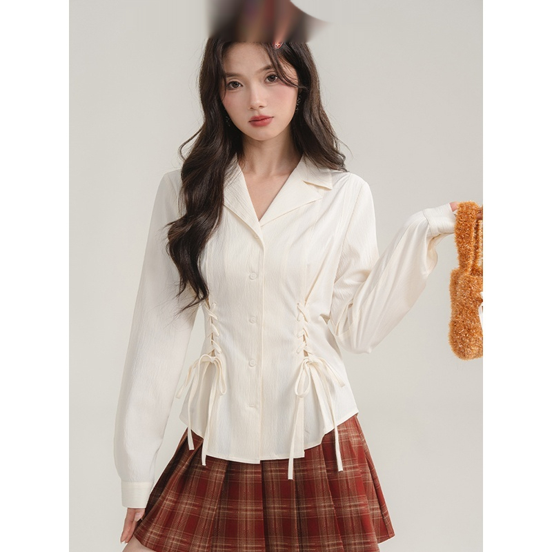 Color French Style Temperament Waist-controlled Lace-up Long Sleeve Shirt