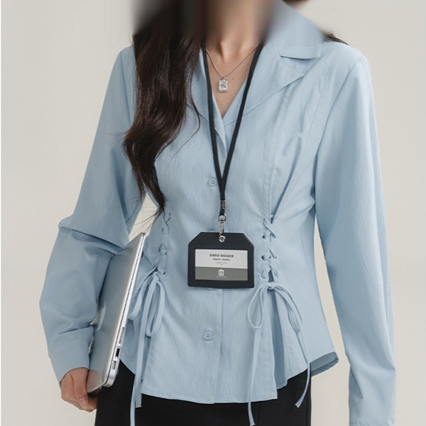 Color French Style Temperament Waist controlled Lace up Long Sleeve Shirt Blue Shirt - Shop at LoveMi