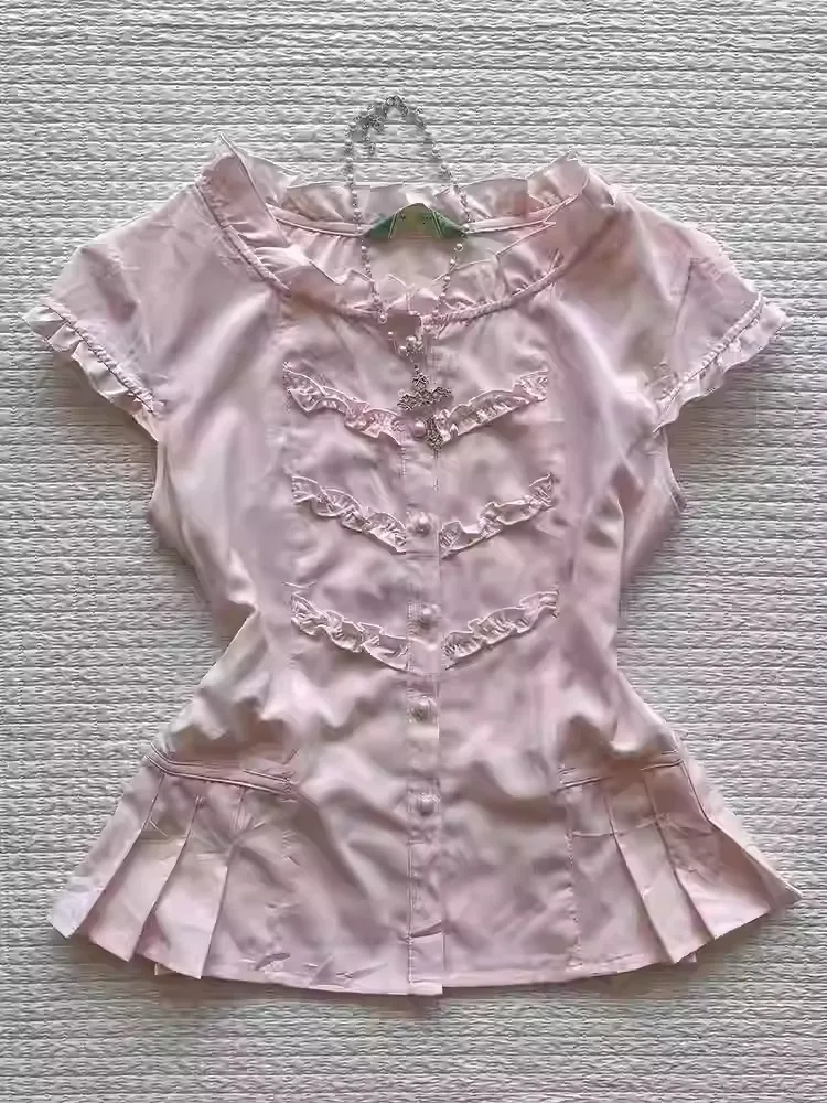 Slim Fit Short Sleeve Slimming Sweet Cool Flower Top - Pink