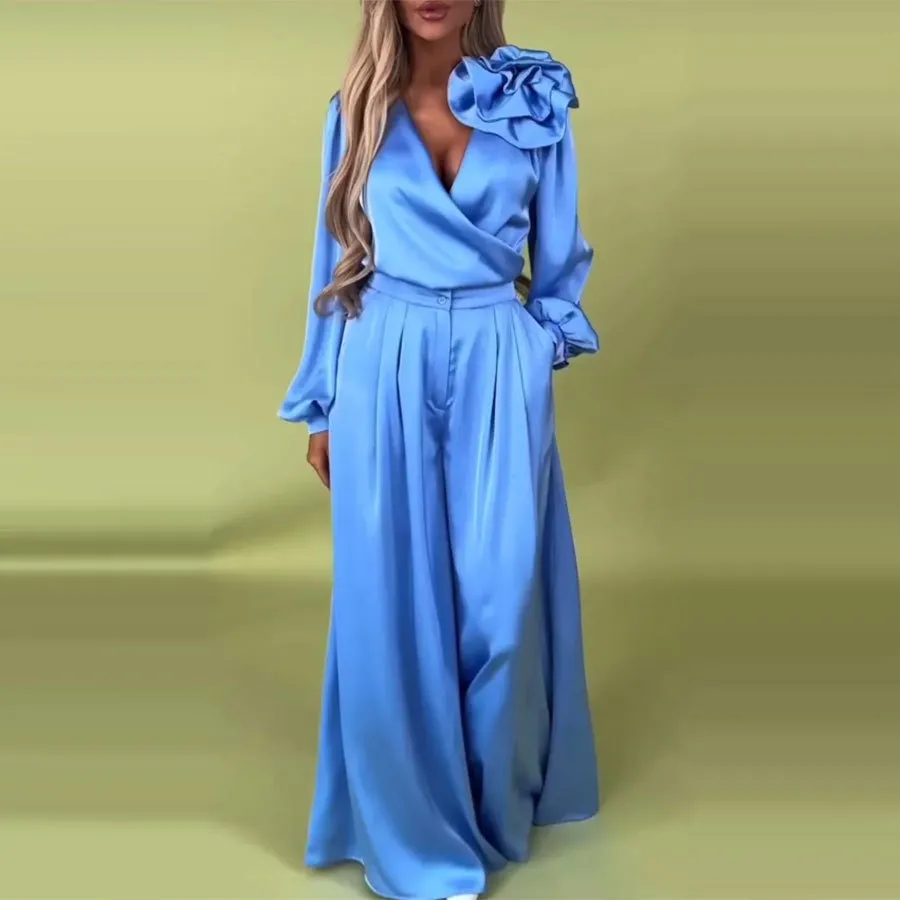 Women's Luxury Elegant V-neck Satin Long Sleeve Top Wide Leg Pants Suit - Blue
