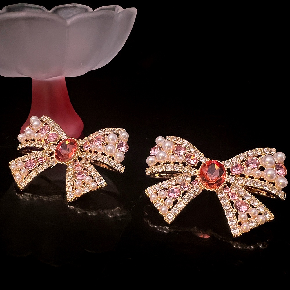 Gold Plated Inlaid Diamond Bow Stud Earrings