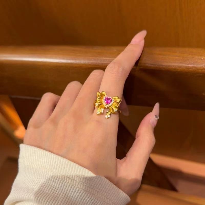 Non-fading Golden Bow Heart Shiny Diamond Ring