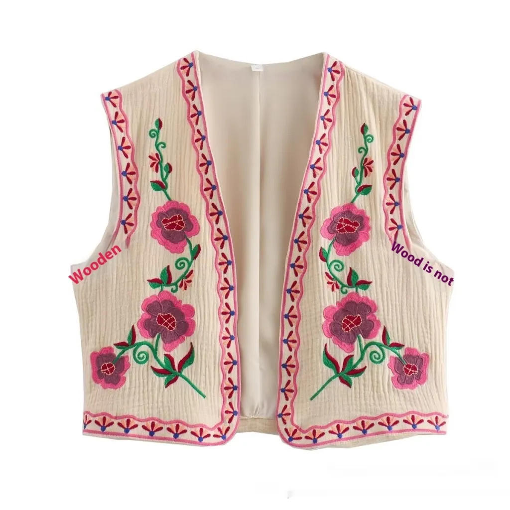 French Design Fashionable Casual Style All-match Two-color Embroidered Vest - Beige