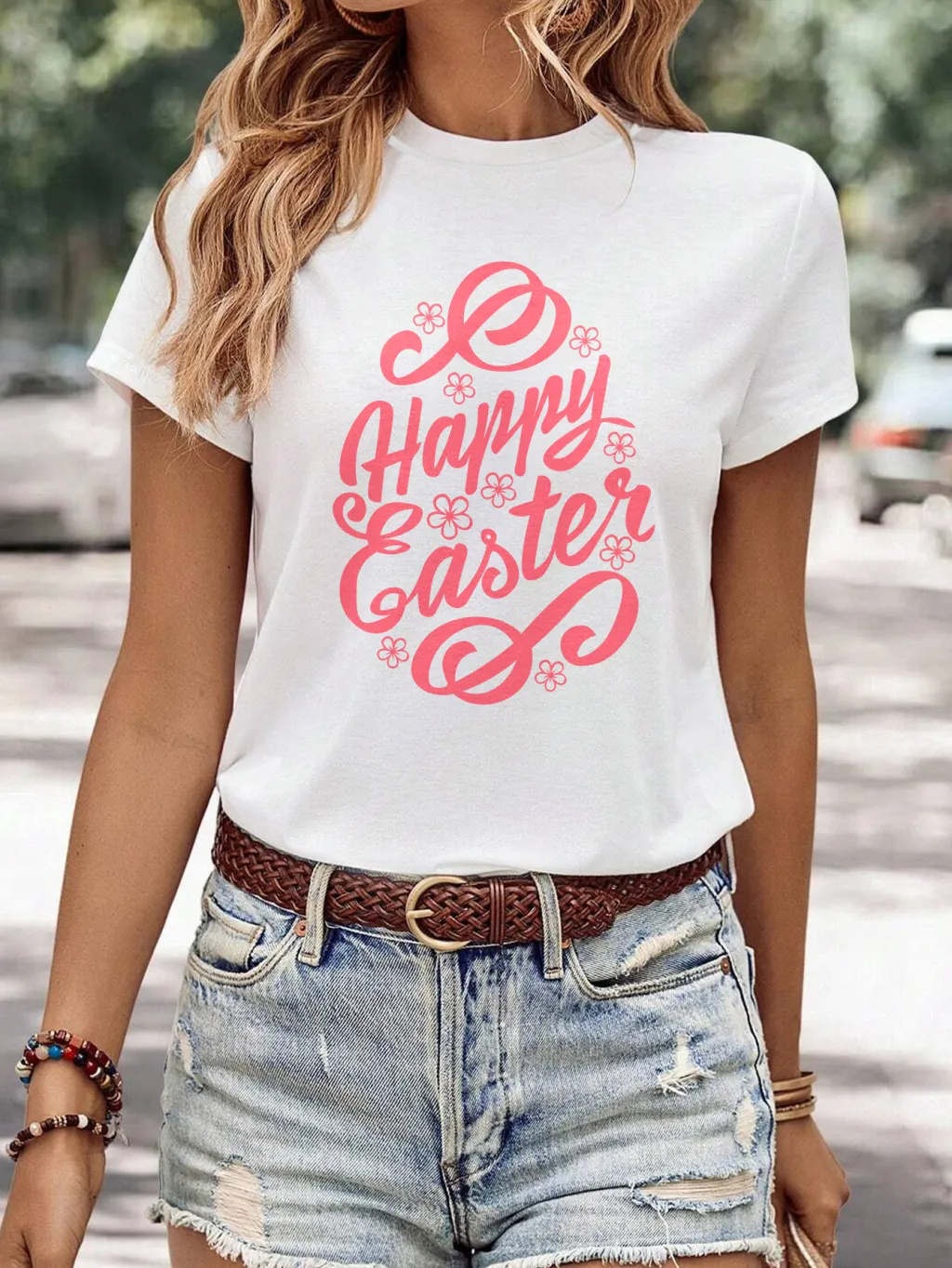Women's Minimalist Printed Casual Round Neck Short Sleeved Shirt - 1 Style-S