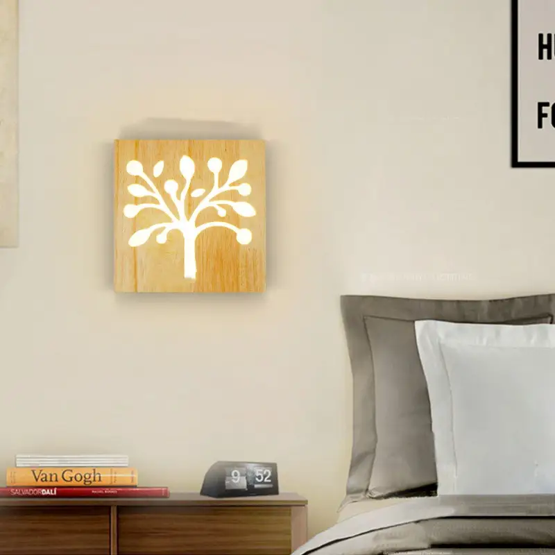 Creative Solid Wood Happiness Tree Pattern Wall Lamp Modern Minimalist