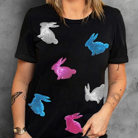 Neck Short Sleeve Pullover Personality Trend Sequin Stitching T-shirt