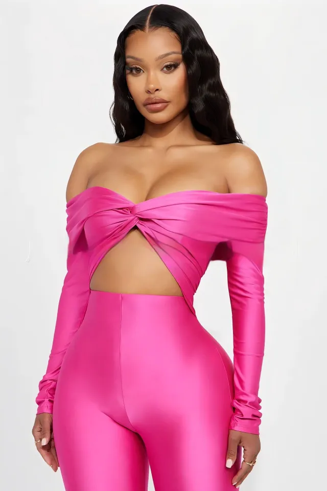 Women's V neck Long Sleeve Top High Waist Jumpsuit Rose Red - Shop at LoveMi