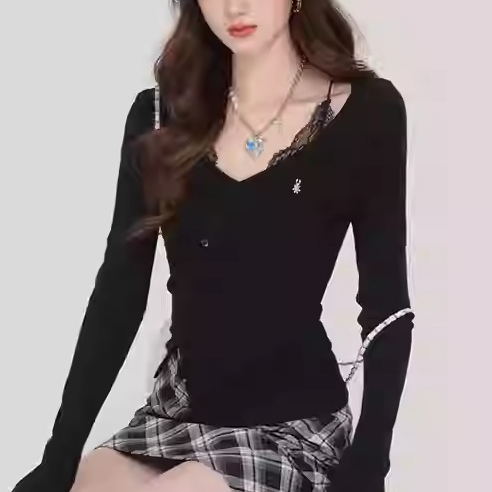 Purple Pure Desire Fake Two-piece Lace Long-sleeved T-shirt For Women