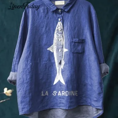 Casual Loose Solid Color Linen Shirt For Women Blue - Shop at LoveMi