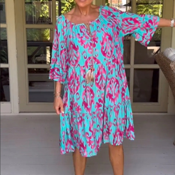 Hang Rope Bell Sleeve Loose V-neck Printed Casual Flower Dress