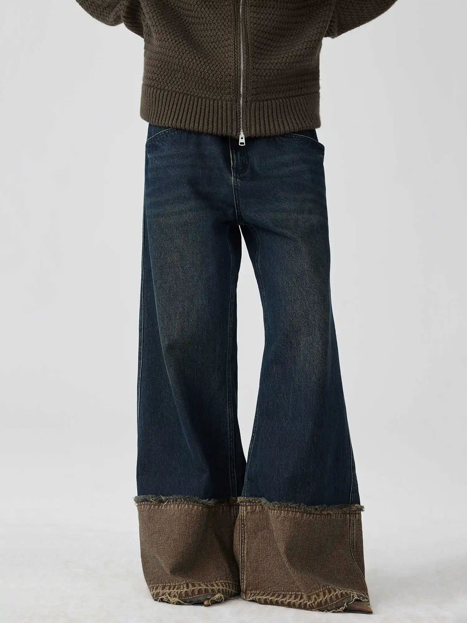 Brown Blue Nano Water Foot Washing Mouth Reverse Stitching Raw Hem Jeans