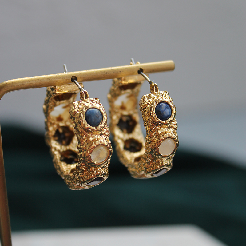 Vintage Inlaid Gem Color Gold Plated Ear Ring Ring Open-ended Bracelet