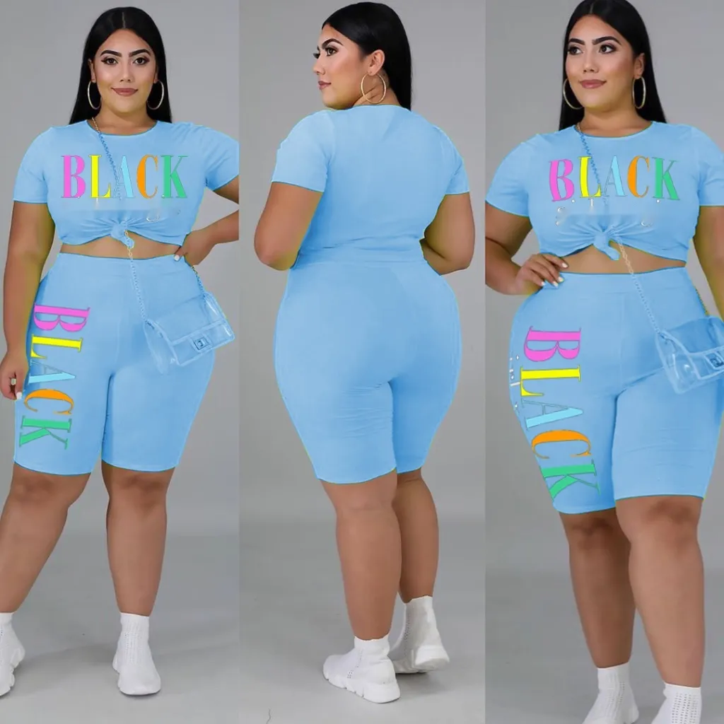 Letter Fashion Casual Plus Size Women's Clothing Suit - Blue