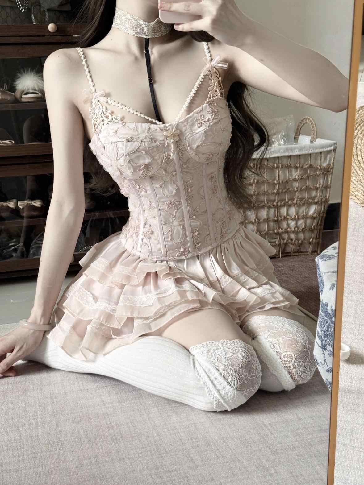 Fishbone Corset Strap Lace Cake Dress Early Autumn Set