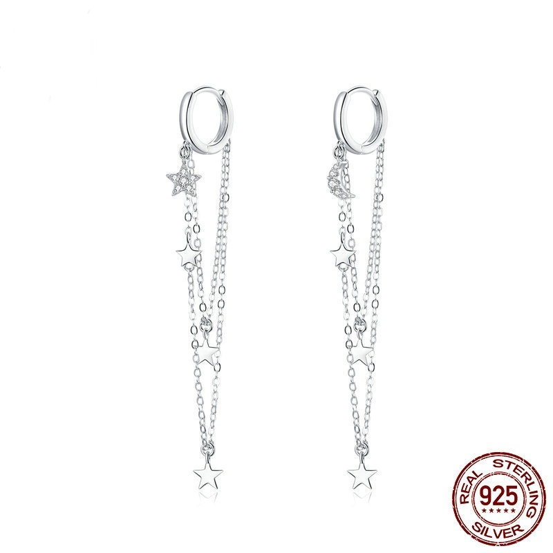S925 Sterling Silver Star Moon Tassel Earrings