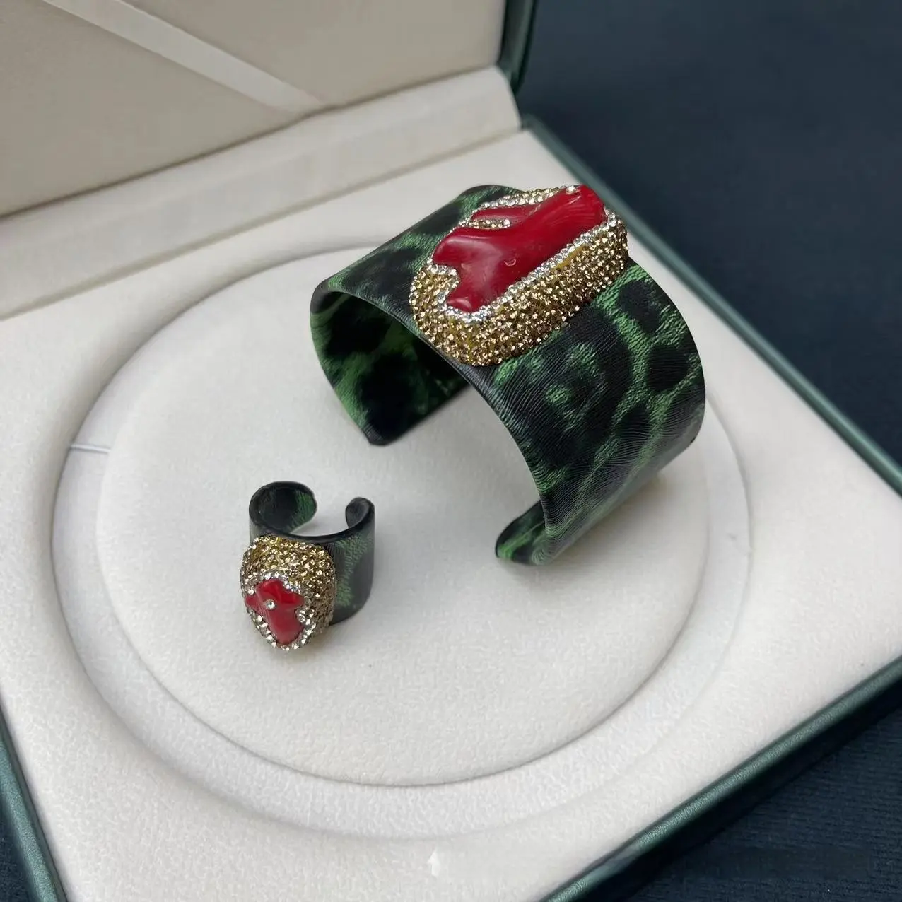 New Leoprad Print Leather Inlaid Natural Red Branches Bracelet & Ring Set