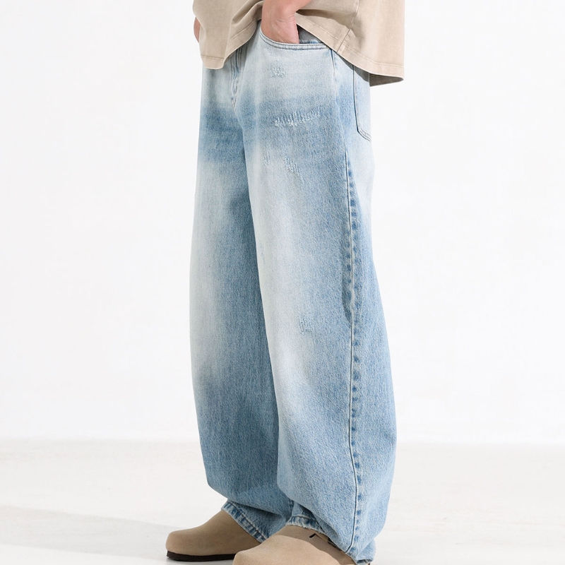 Design Washed Blue And White Machete Jeans Men's American Style