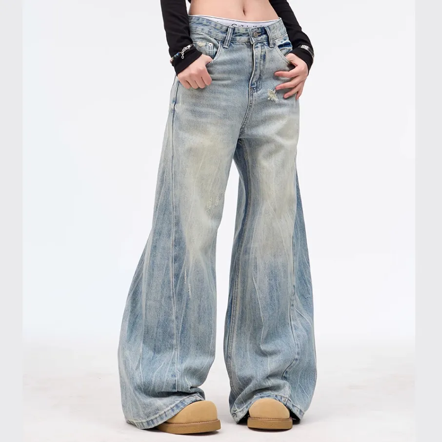 Retro Washed Ripped Jeans Baggy Straight Trousers