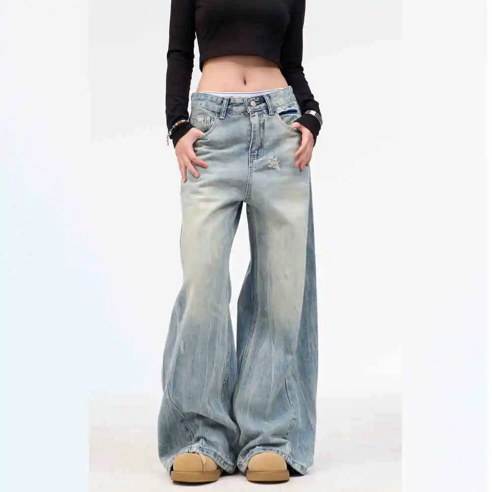 Retro Washed Ripped Jeans Baggy Straight Trousers - Blue