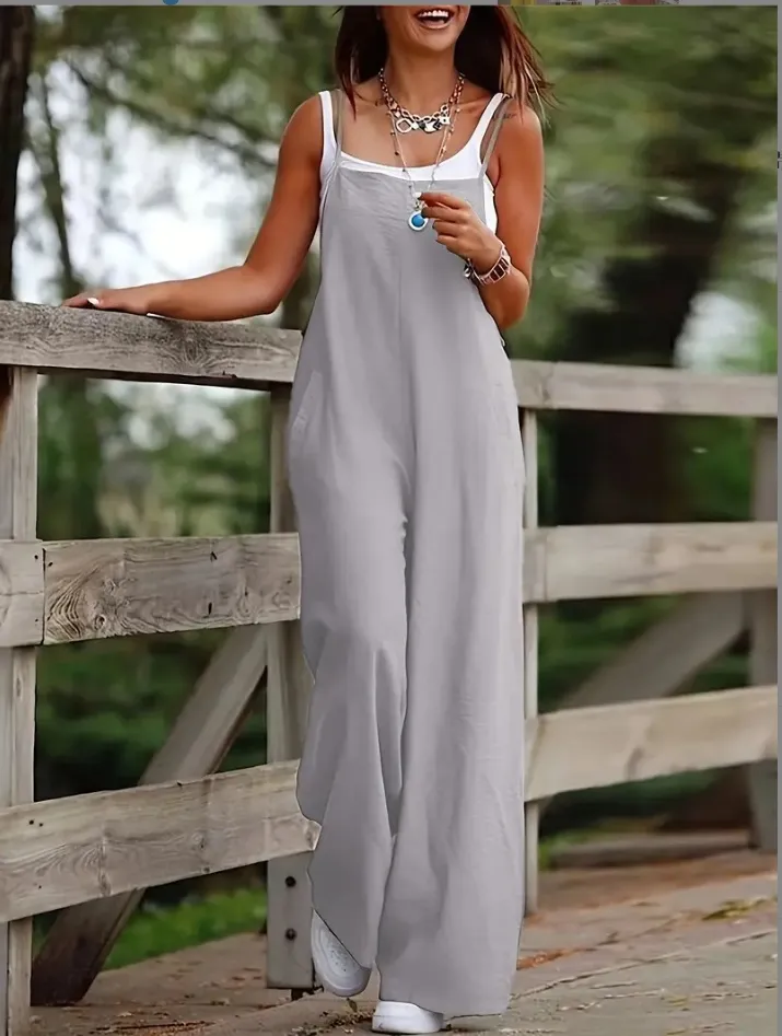 Fashion Casual Women's Pocket Cotton Linen Sleeveless Jumpsuit - Silver