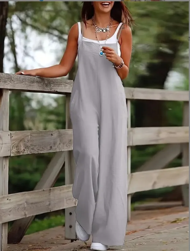 Fashion Casual Women's Pocket Cotton Linen Sleeveless Jumpsuit Silver - Shop at LoveMi