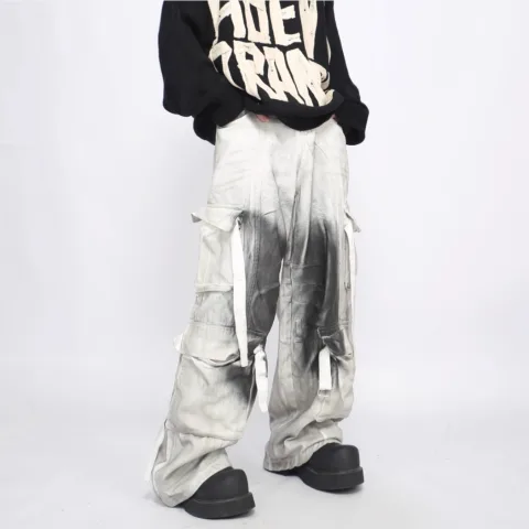 Splash Ink Multi-pocket Cargo Pants Men's Loose Straight Mopping