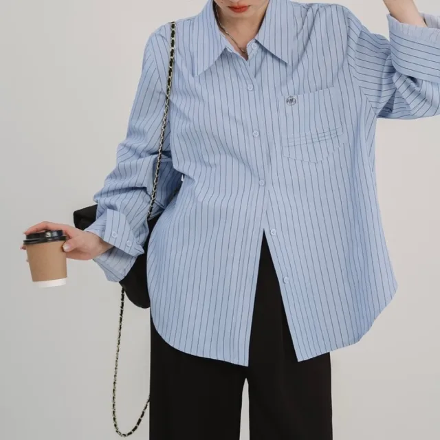 Blue Minimalist Preppy Shirt Women's Loose Slimming Blue - Shop at LoveMi