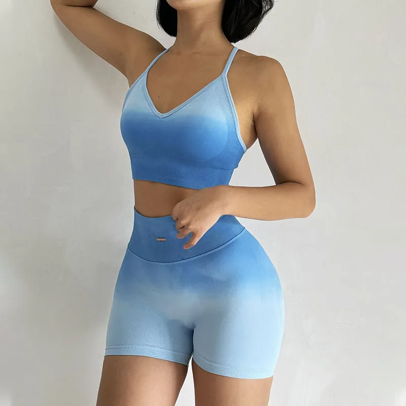 Gradient Shockproof Movement Bum Lift Shorts Fitness Suit - Blue