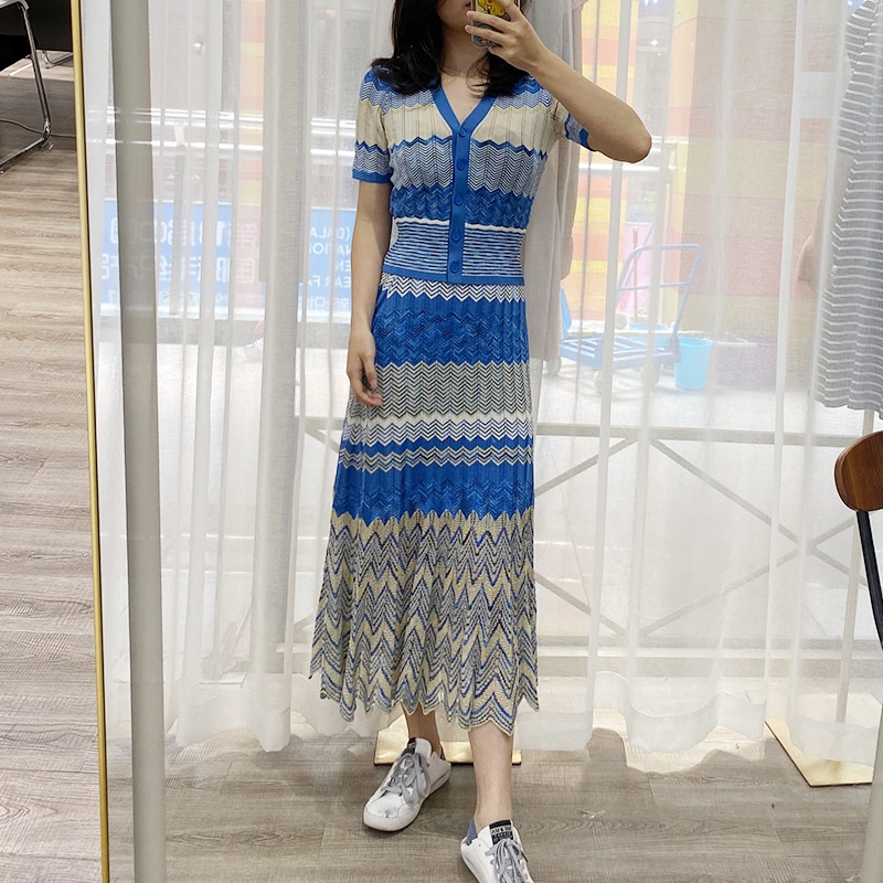 V-neck Color-block Wave Striped Sweater Pleated Mid-length Dress Set