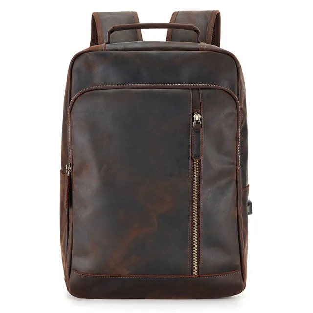 Backpack Men's Crazy Horse Leather Large Capacity Coffee - Shop at LoveMi