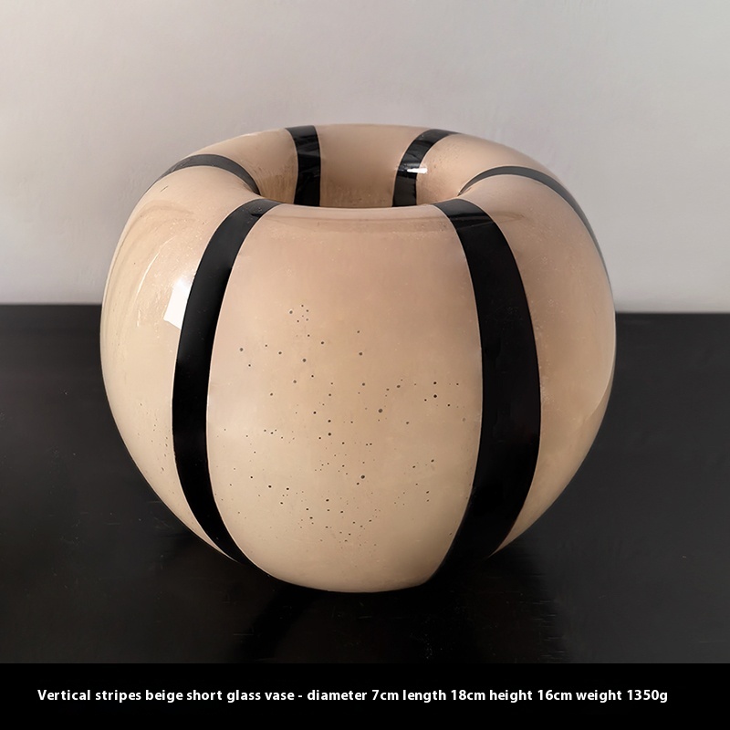 Beige & Black Striped Glass Vase – Handblown French-Inspired Design