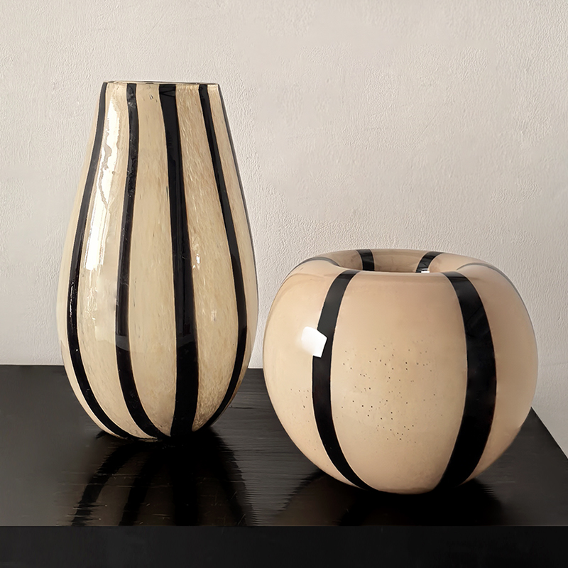 Beige & Black Striped Glass Vase – Handblown French-Inspired Design - Image 2