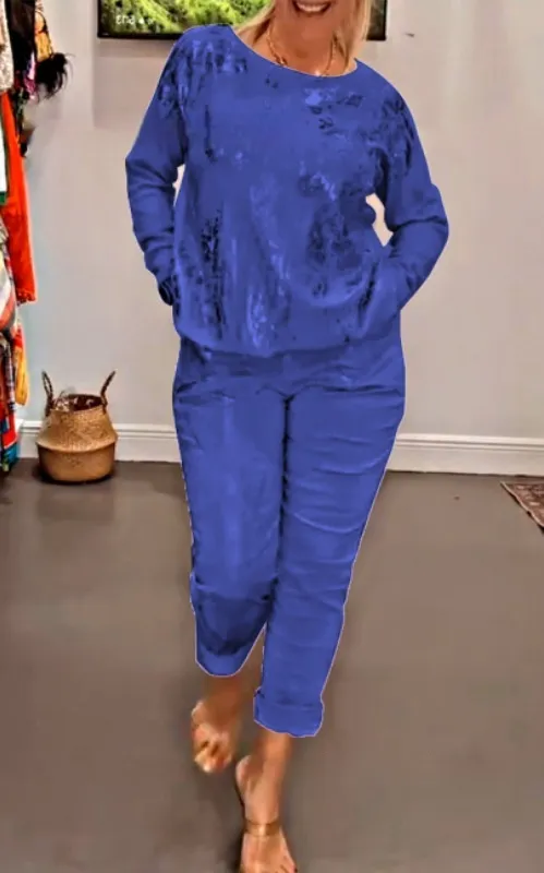 Fashion Women's Wear Round Neck Top Pants Casual Suit Blue - Shop at LoveMi