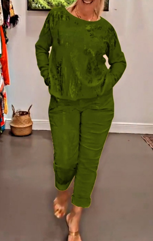 Fashion Women's Wear Round Neck Top Pants Casual Suit Green - Shop at LoveMi
